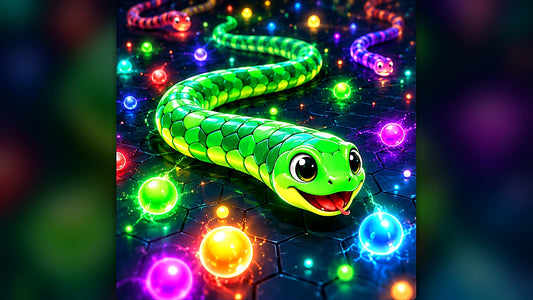 Snake Rush free online arcade game featuring a glossy green snake collecting glowing neon orbs